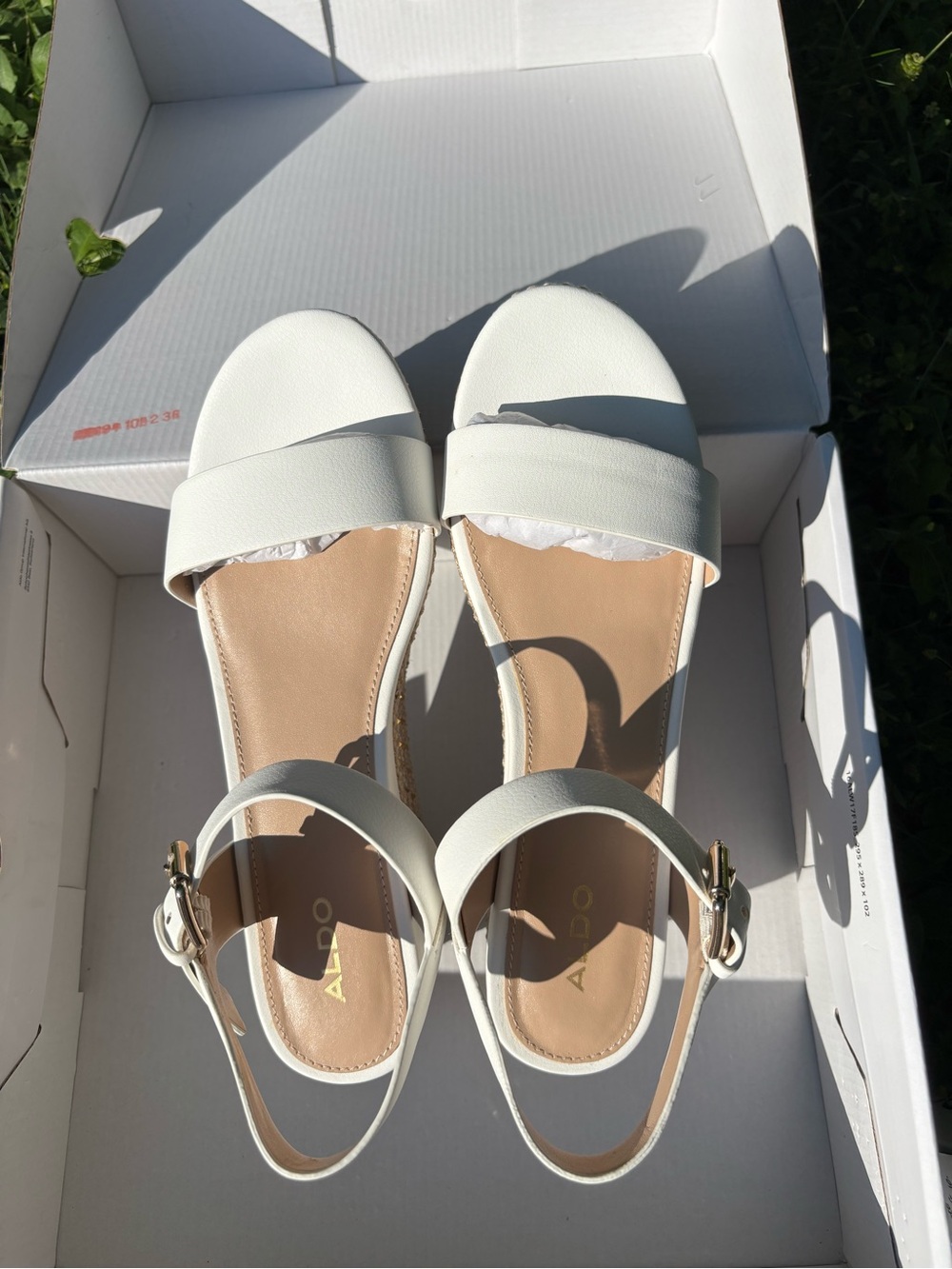 ALDO White Open-Toe Slingback Sandals with Gold Buckle